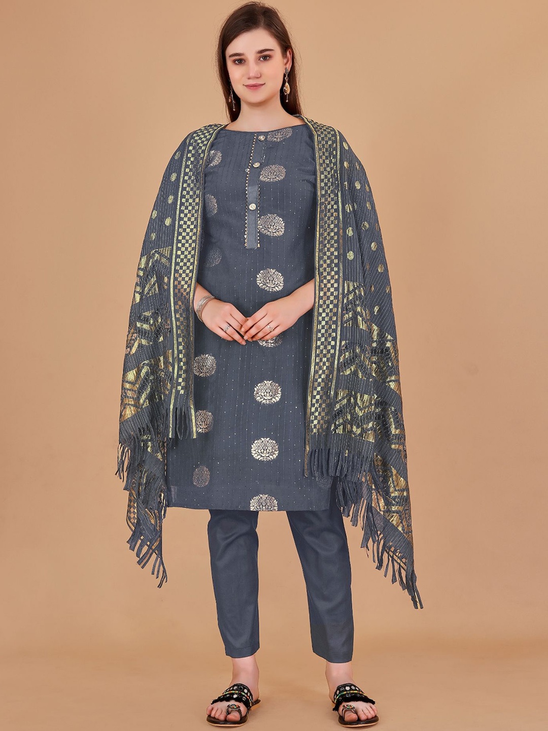 

LADY SHOPI Zari Floral Embroidered Unstitched Dress Material, Grey