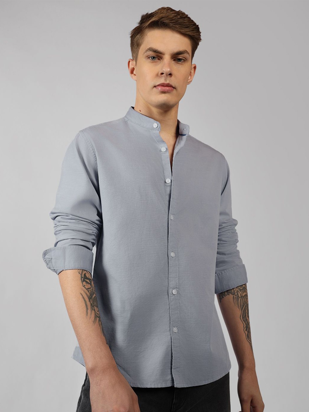 

Dennis Lingo Men Mandarin Collar Solid Cotton Casual Shirt, Grey