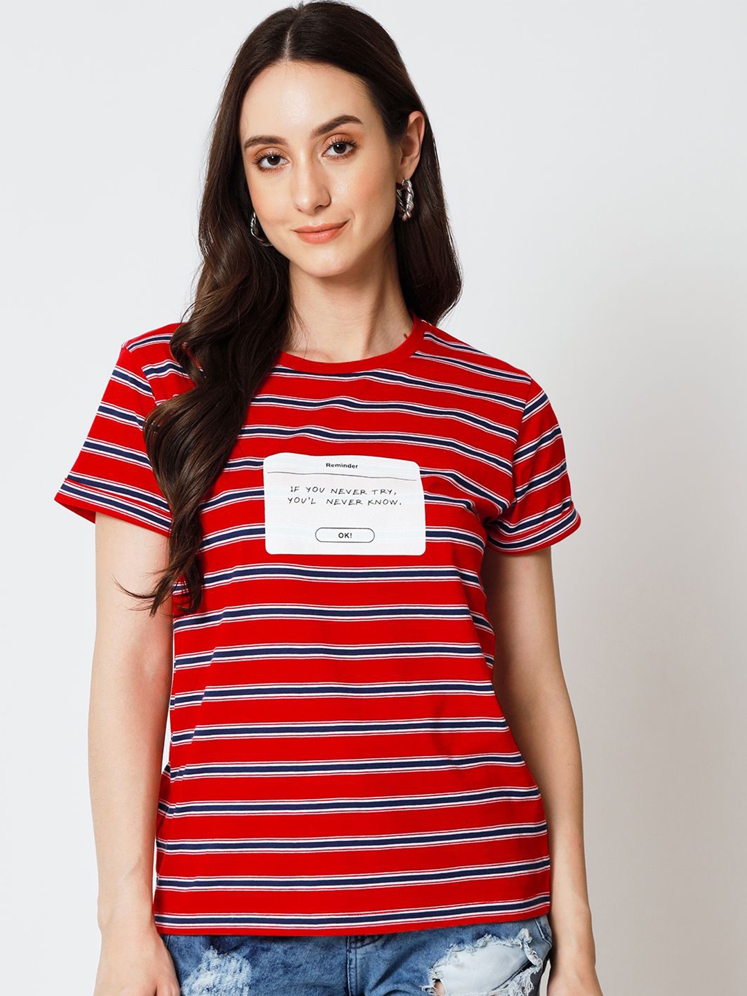 

Yaadleen Women Striped Round Neck Cotton Top, Red