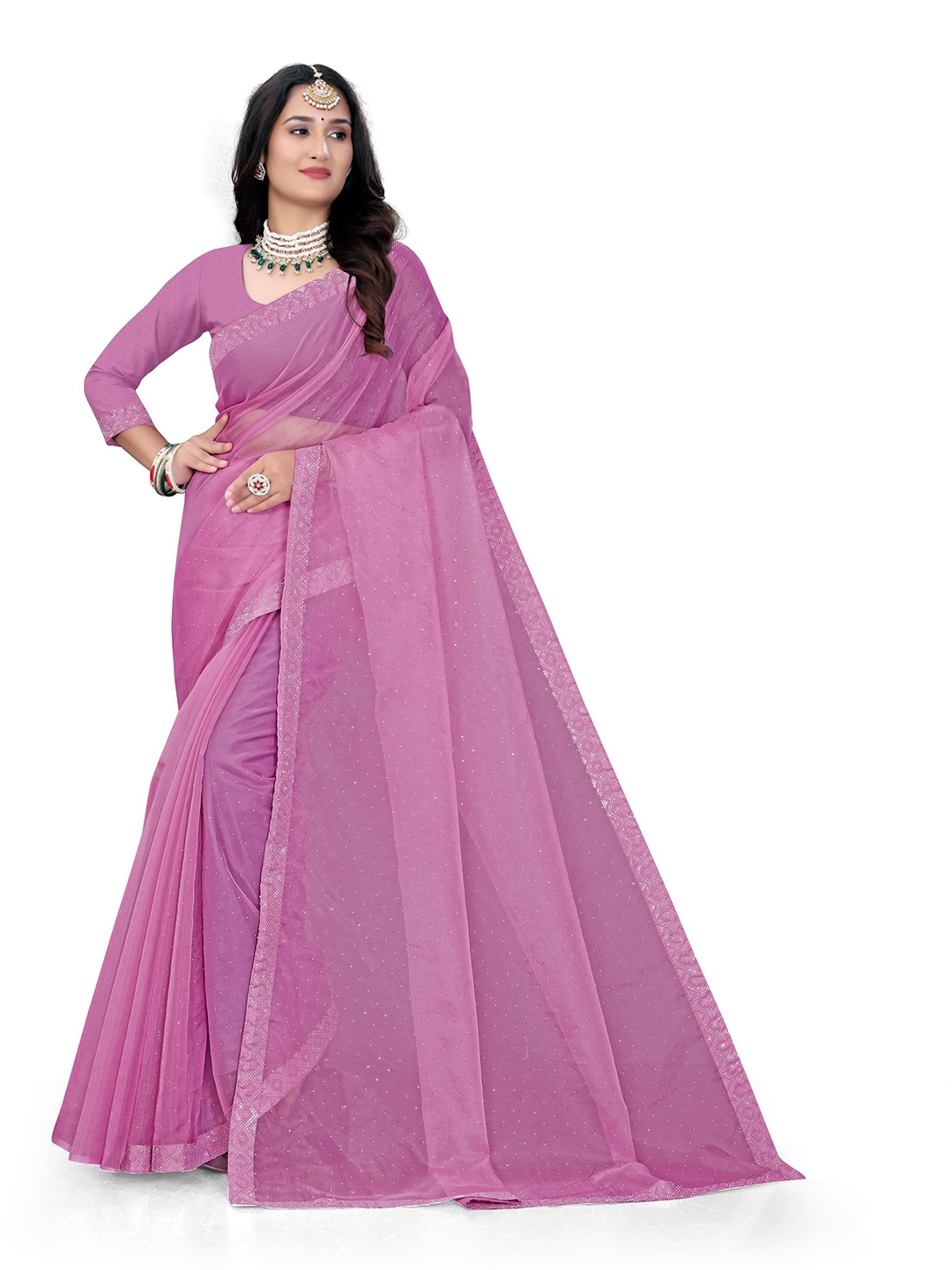 

Pemal Designer Embellished Beads and Stones Organza Saree, Pink