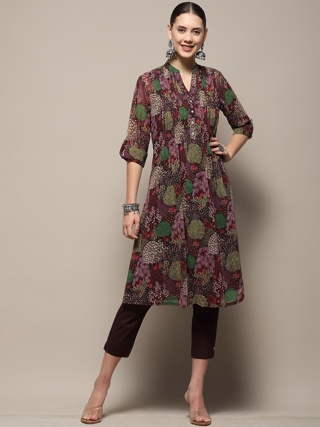 

Biba Floral Printed Pleated Mandarin Collar Georgette Straight Kurta, Pink