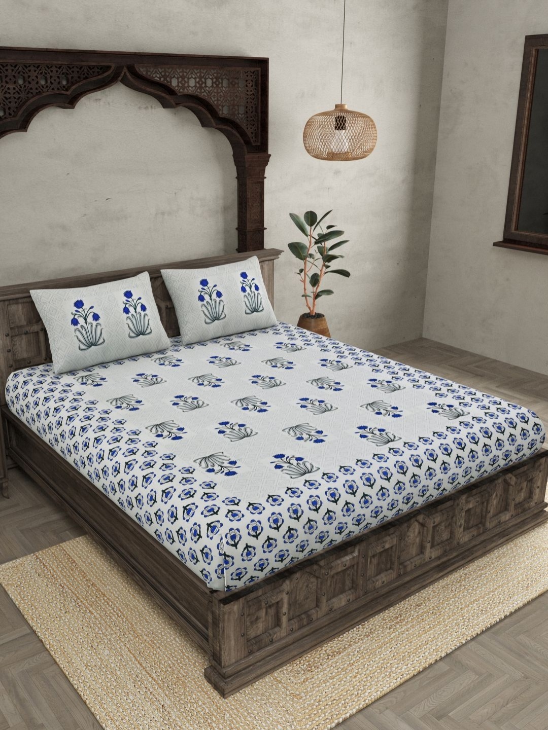 

JAIPUR FABRIC Blue Ethnic Motifs 144 TC Pure Cotton King Bedsheet with 2 Pillow Covers