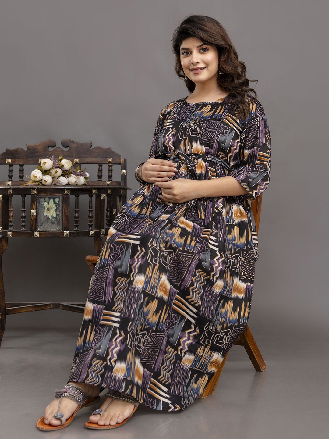 

Nayo Ethnic Motifs Print Puff Sleeve Maternity Maxi Dress, Black