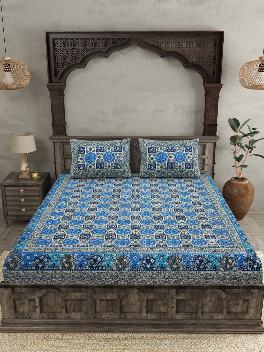 

JAIPUR FABRIC Blue Ethnic Motifs 144 TC Pure Cotton King Bedsheet with 2 Pillow Covers