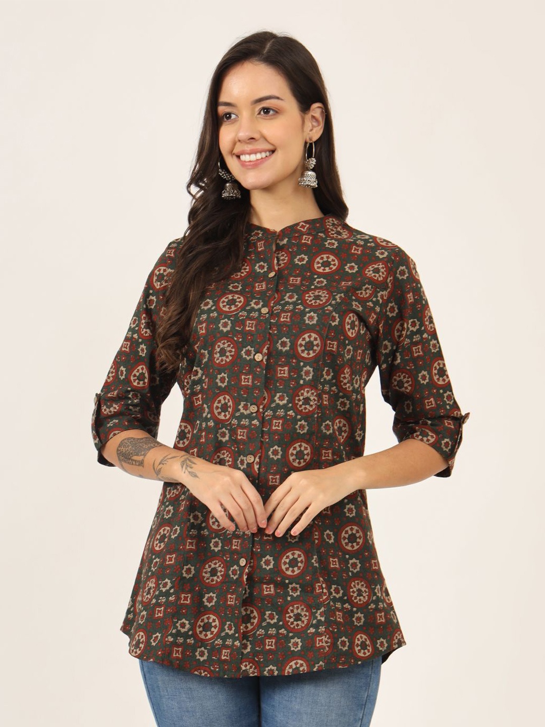 

KALINI Women Floral Printed Mandarin Collar Cotton Top, Green