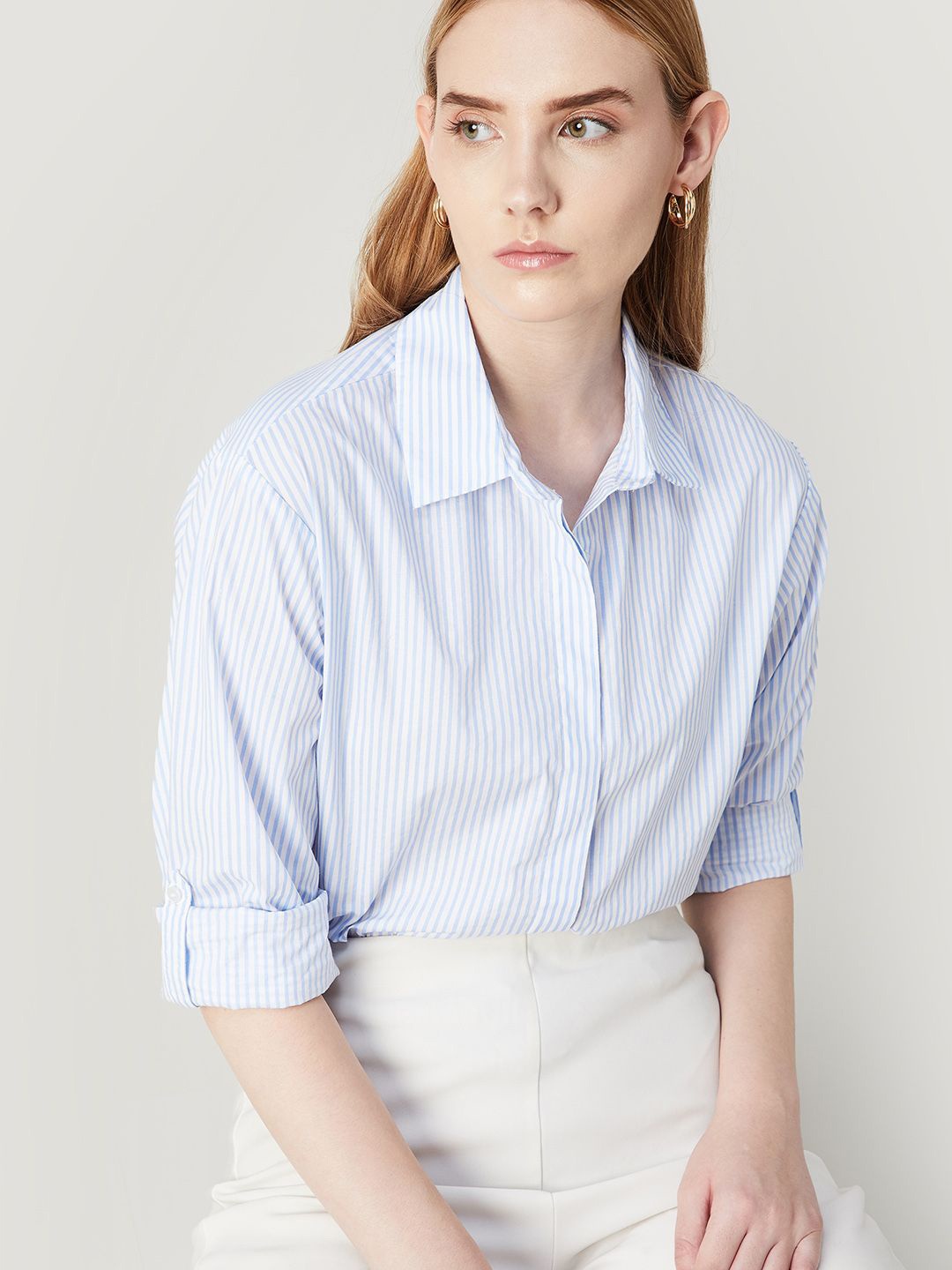 

CODE by Lifestyle Women Solid Shirt Collar Cotton Top, Blue