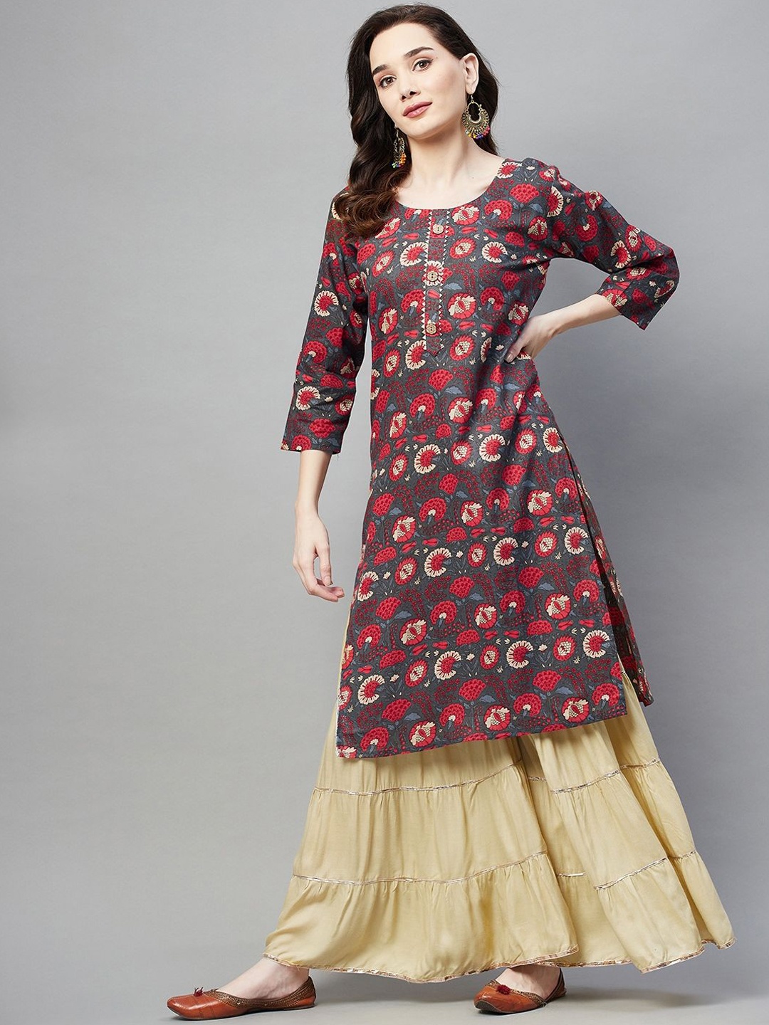 

BAESD Floral Printed Round Neck Pure Cotton Straight Kurta, Grey