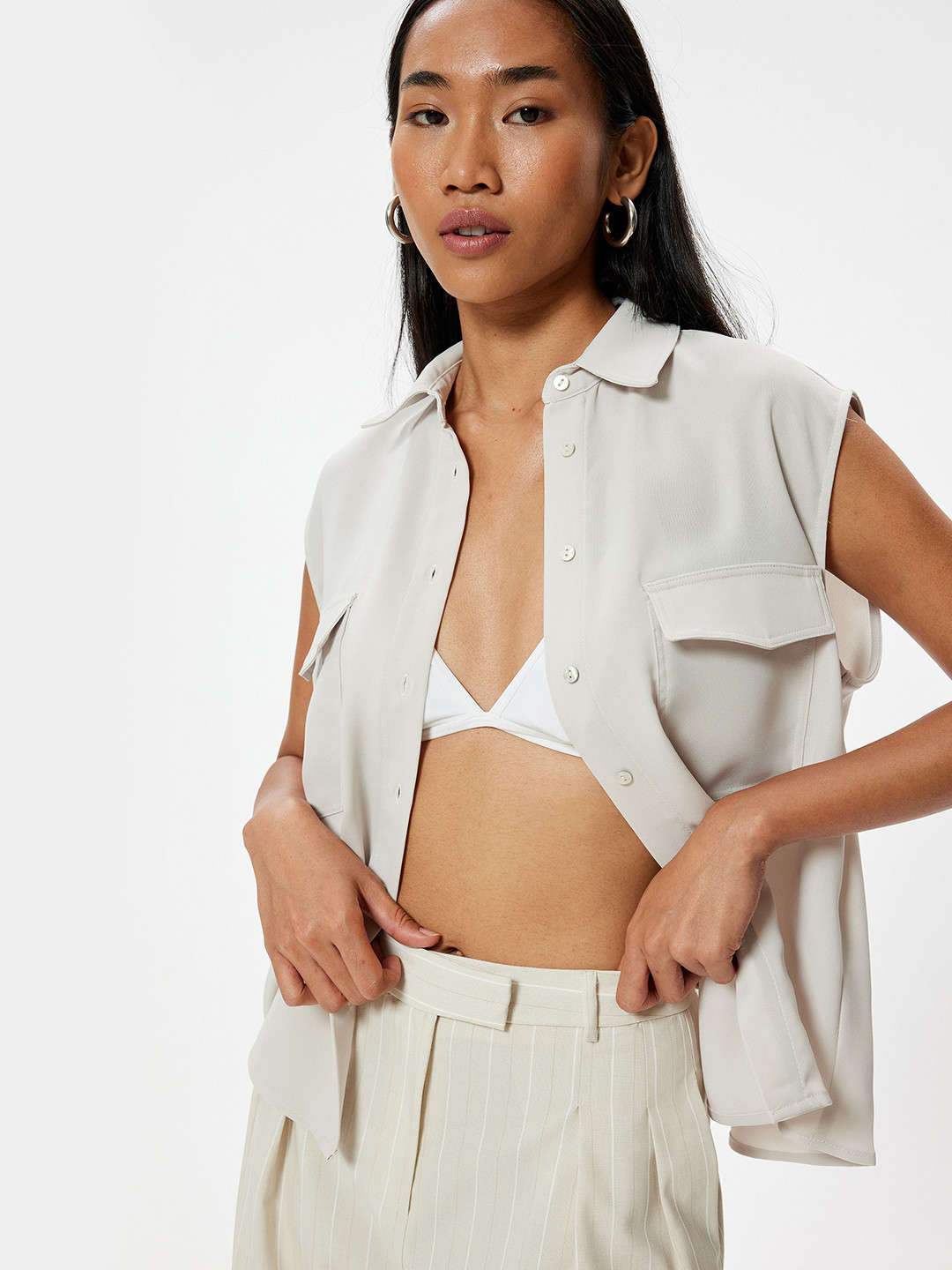 

Koton Women Spread Collar Solid Casual Shirt, Grey