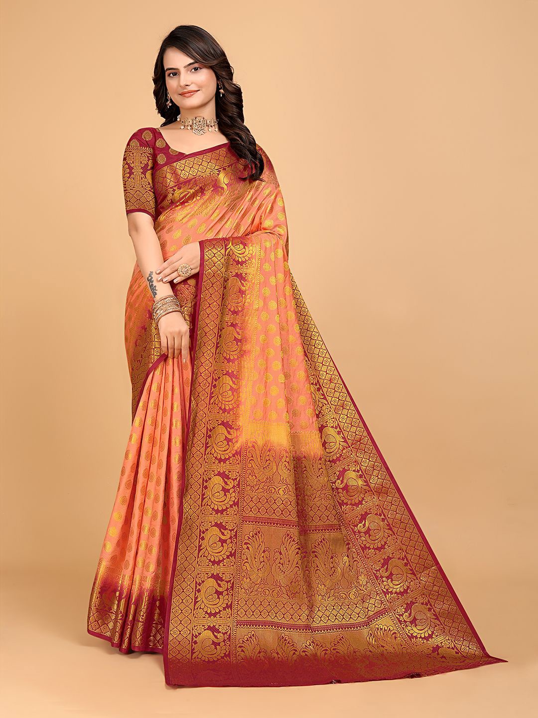 

Pionex Woven Design Zari Pure Silk Kanjeevaram Saree, Peach