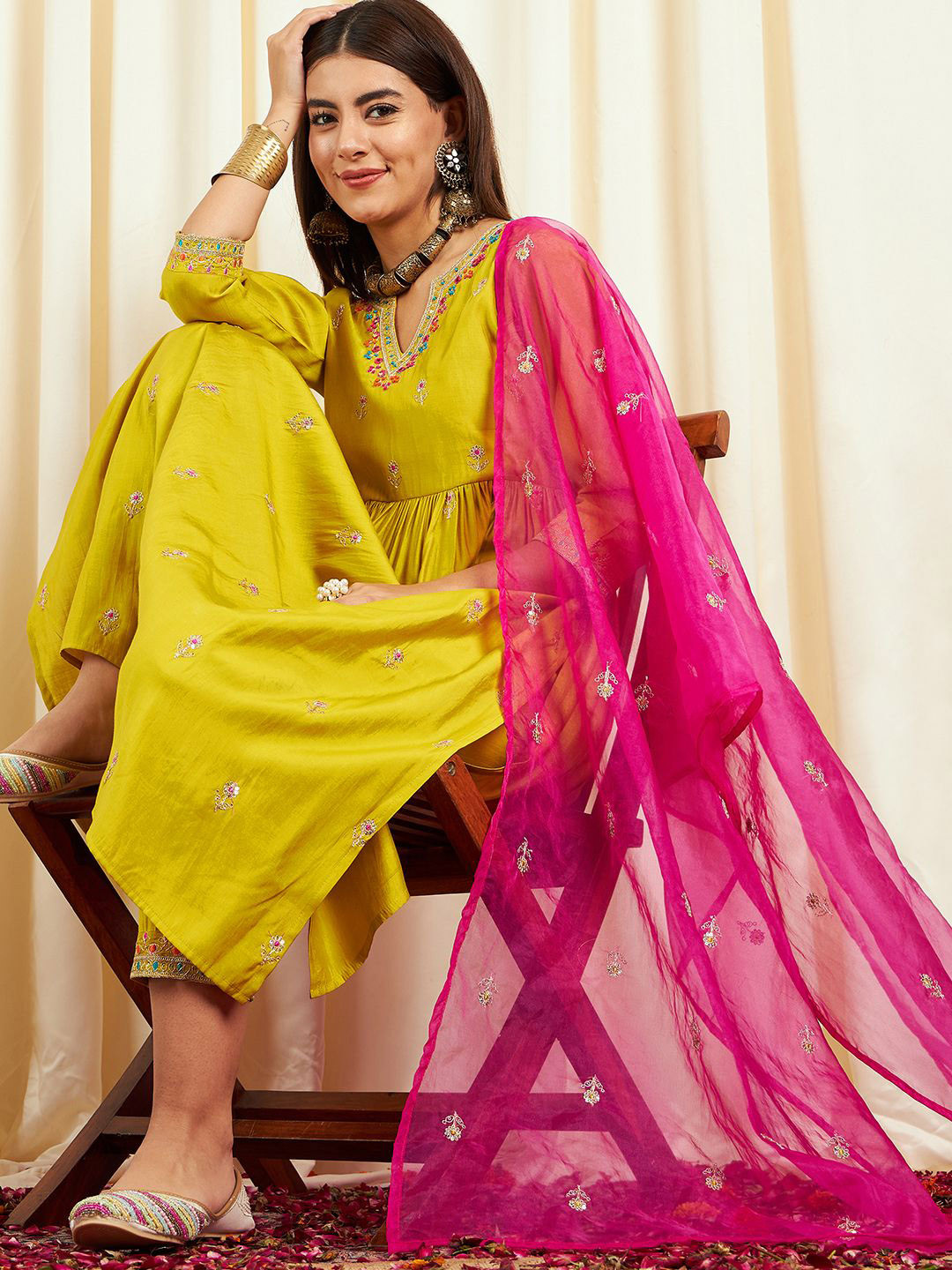 

Sangria Floral Embroidered Mirror Work Pure Silk Straight Kurta With Trouser & Dupatta, Yellow