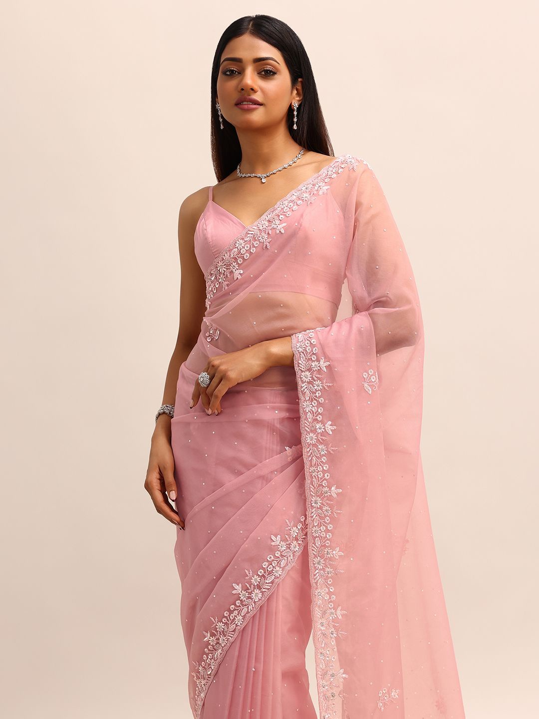 

KALKI Fashion Embellished Beads and Stones Organza Saree, Peach