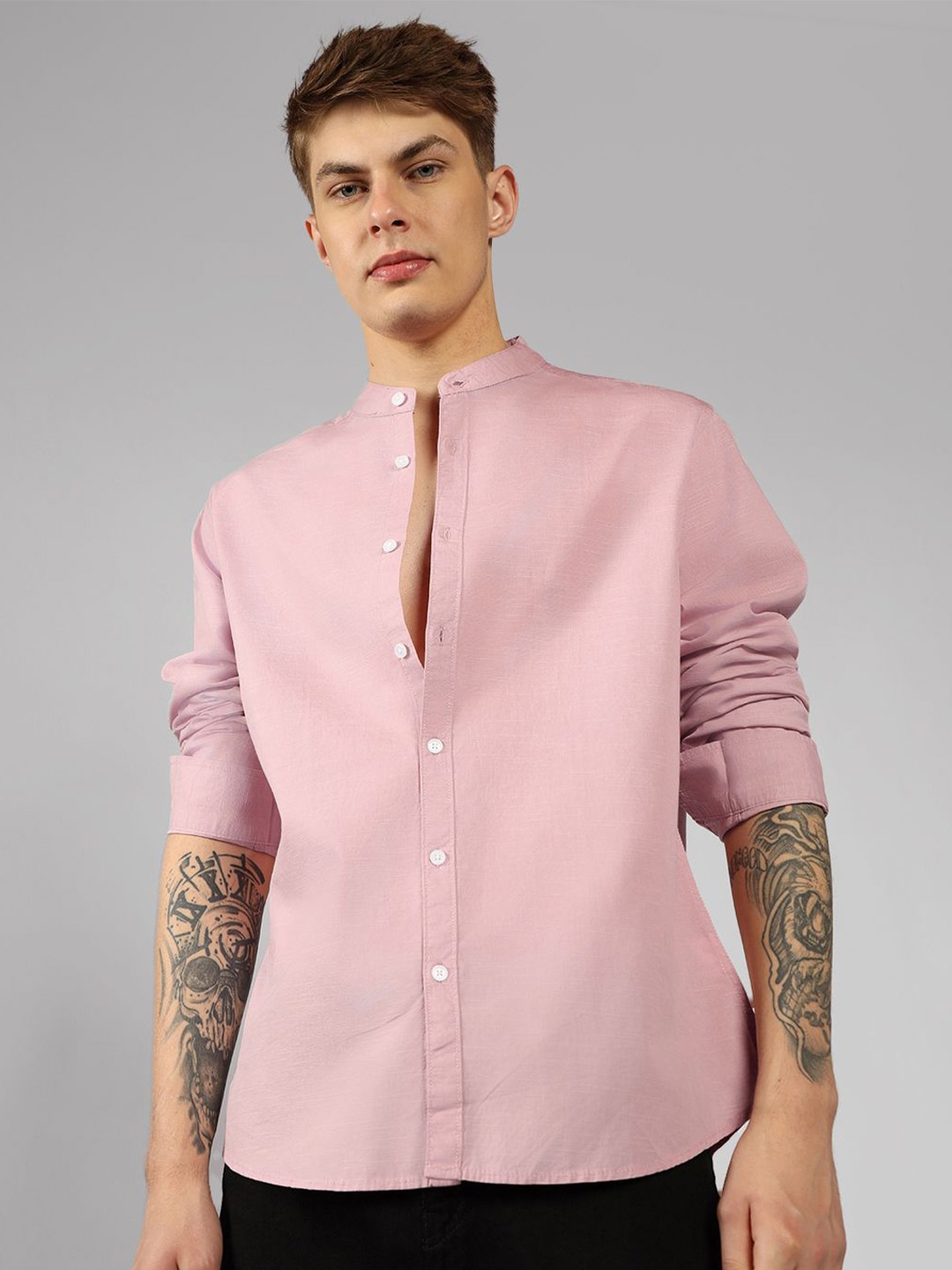 

Dennis Lingo Men Mandarin Collar Solid Cotton Relaxed Fit Casual Shirt, Pink