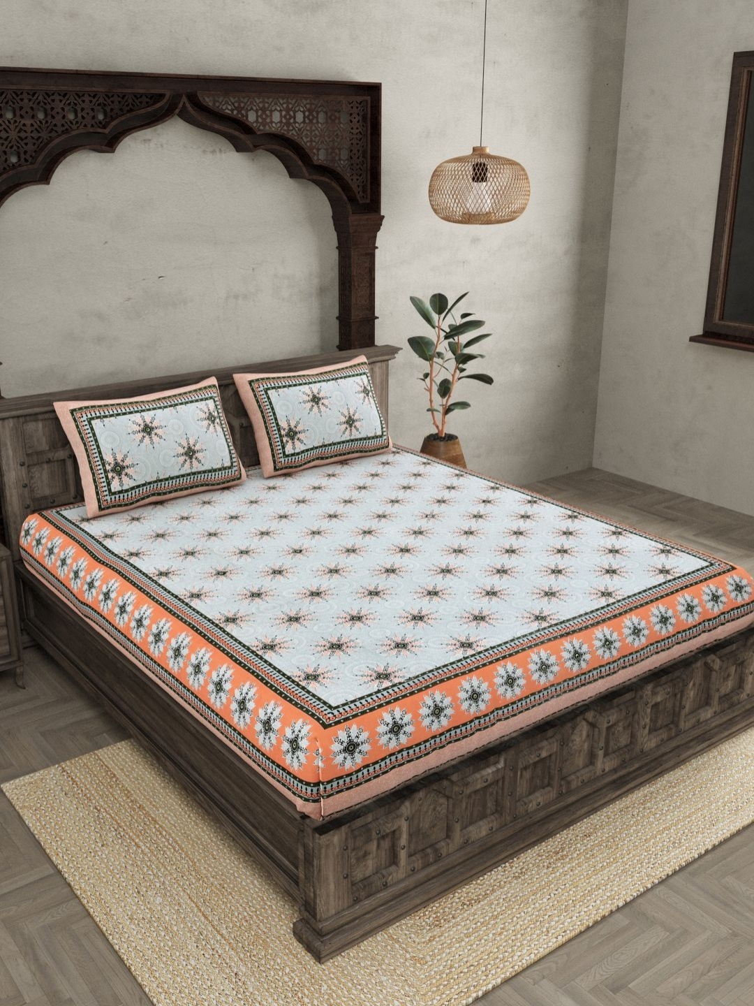 

JAIPUR FABRIC Orange Ethnic Motifs 144 TC Pure Cotton King Bedsheet with 2 Pillow Covers