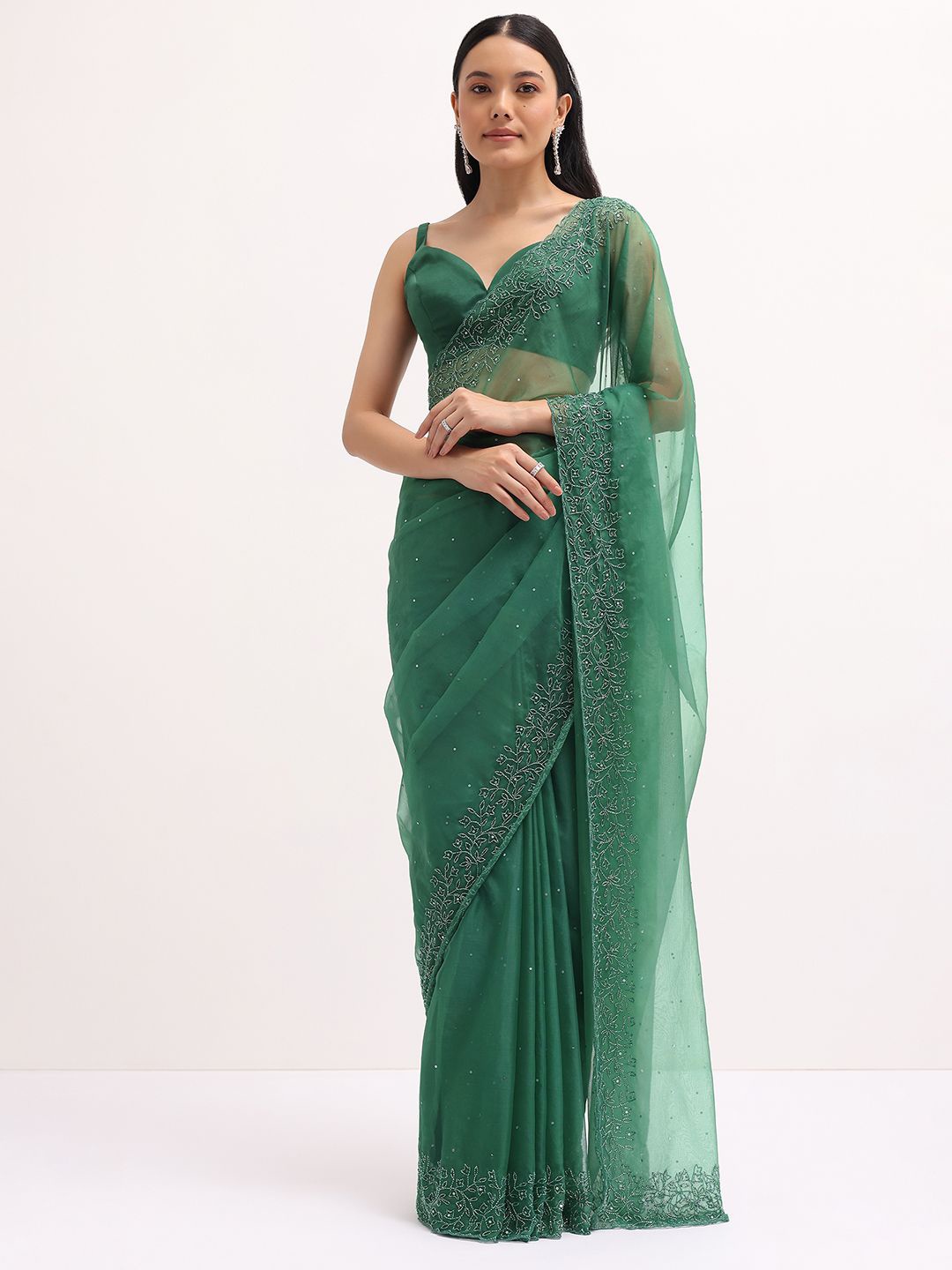

KALKI Fashion Floral Beads and Stones Organza Saree, Green