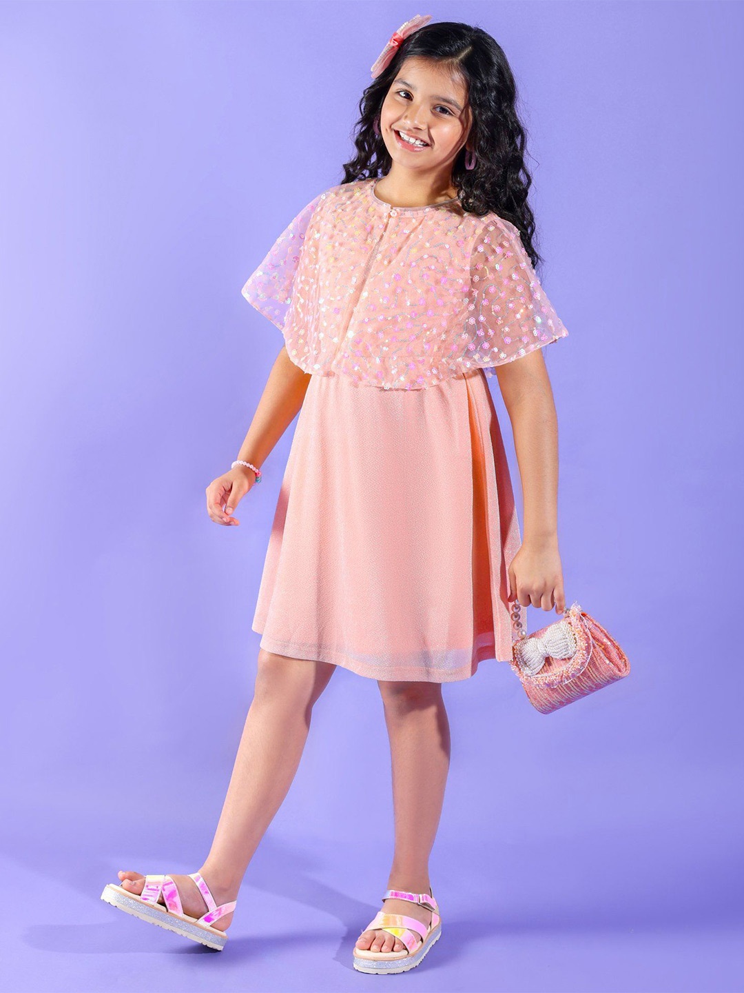 

Hola Bonita Girls Embellished Cape Sleeves A-Line Dress, Peach