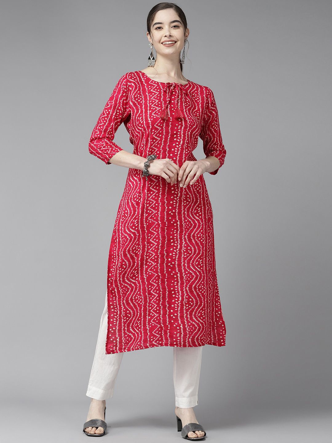 

BAESD Bandhani Printed Tie-Up Neck Pure Cotton Straight Kurta, Pink