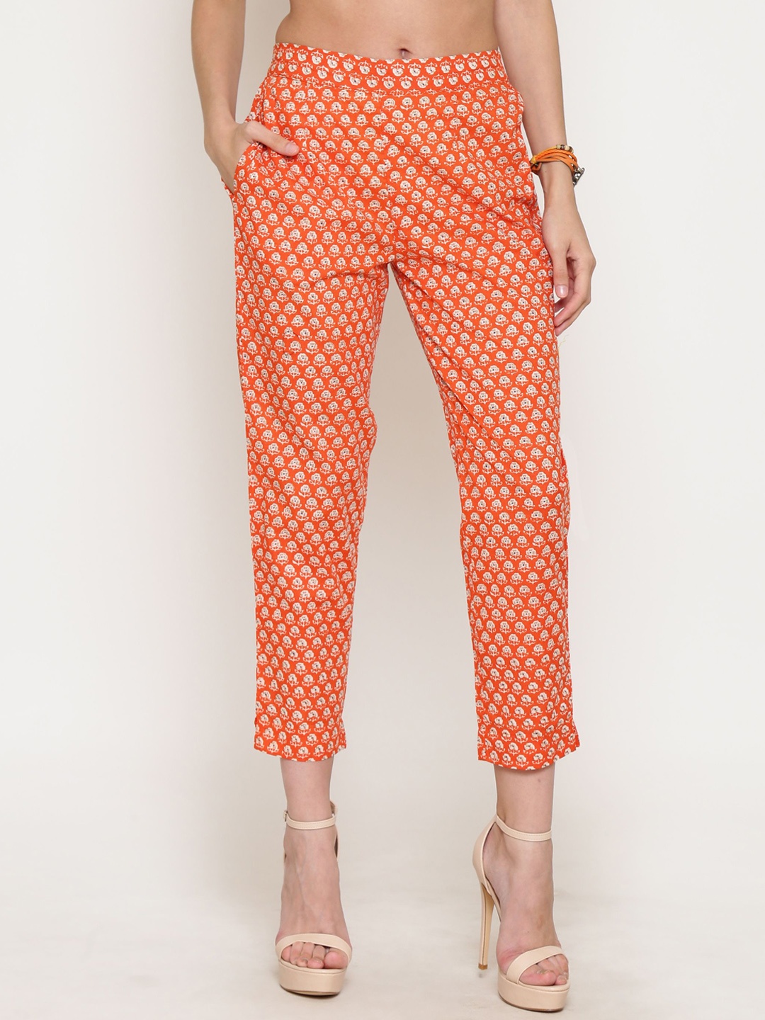 

Sera Women Ethnic Motifs Printed Pleated Trousers, Orange