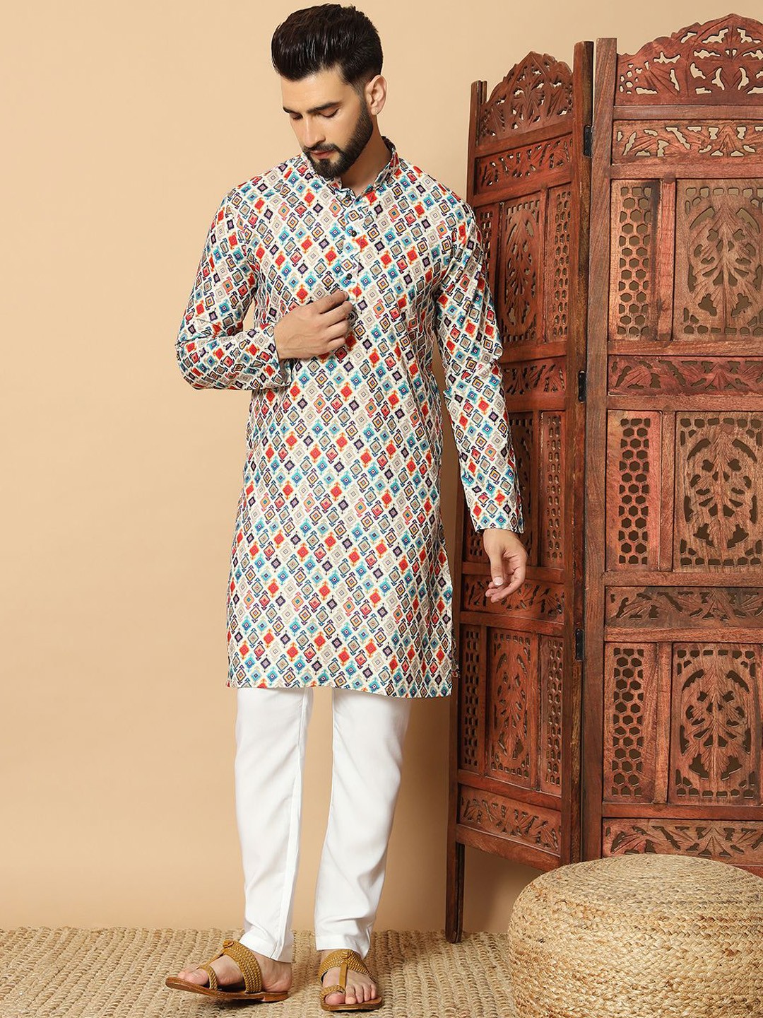 

FoxDX Geometric Printed Mandarin Collar Pure Cotton Straight Kurta, White
