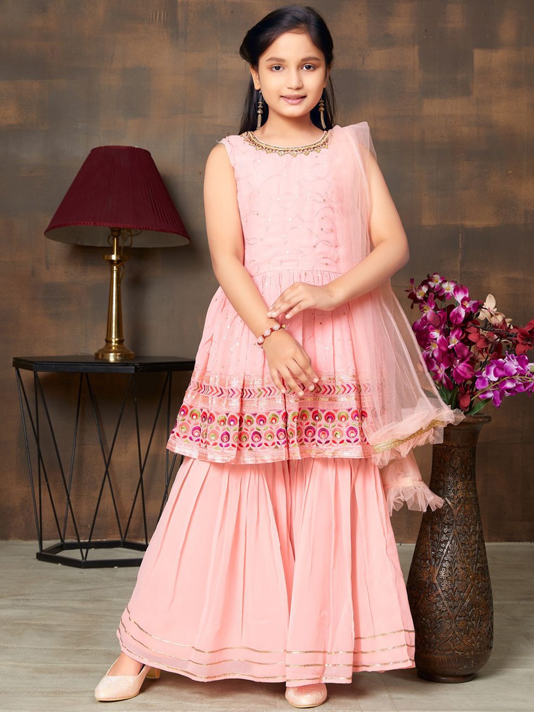 

BAESD Girls Embroidered Regular Sequinned Kurta with Sharara & With Dupatta, Peach