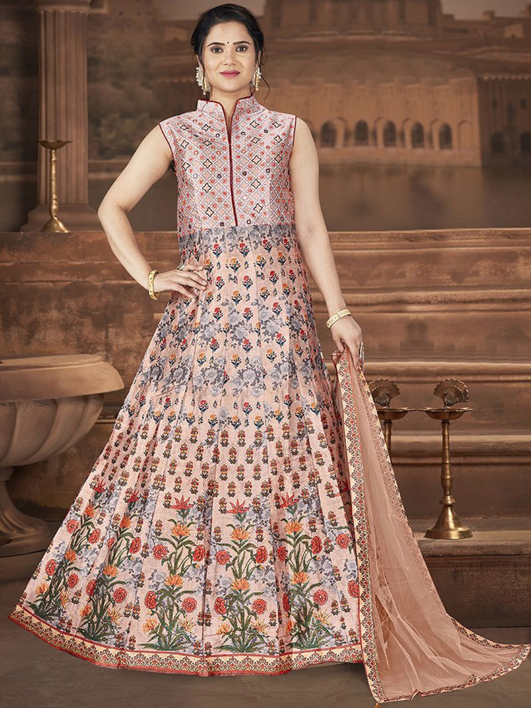 

EthnicTree Digital Printed & Embroidered Fit & Flared Maxi Dress With Dupatta, Peach