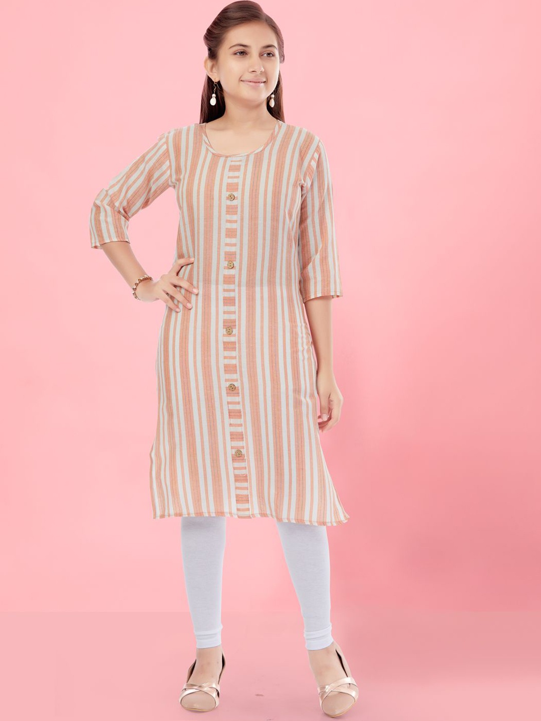 

BAESD Girls Striped Regular Cotton Straight Kurta, Peach