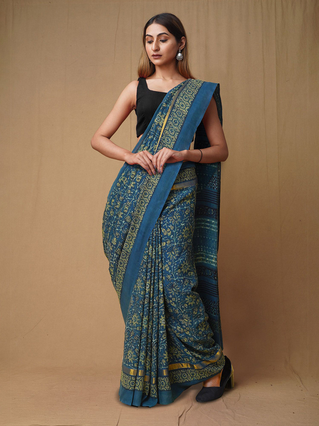 

Unnati Silks Floral Art Silk Handloom Chanderi Saree, Blue