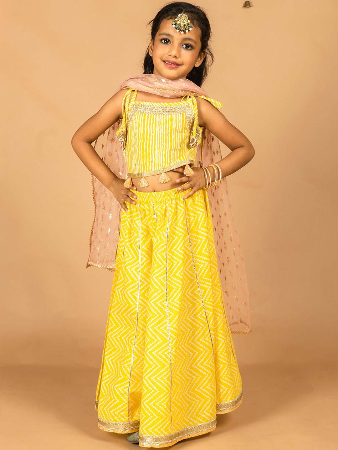 

HERE&NOW Girls Printed Pure Cotton Lehanga Choli & Dupatta, Yellow