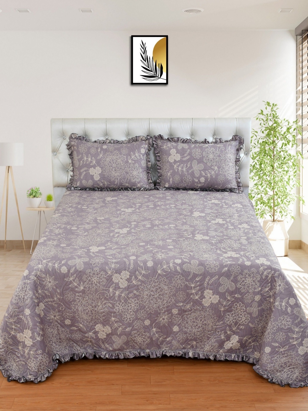 

MORADO Mauve & Grey Floral Cotton Quilted Double Queen Bed Cover & 2 Pillow Covers