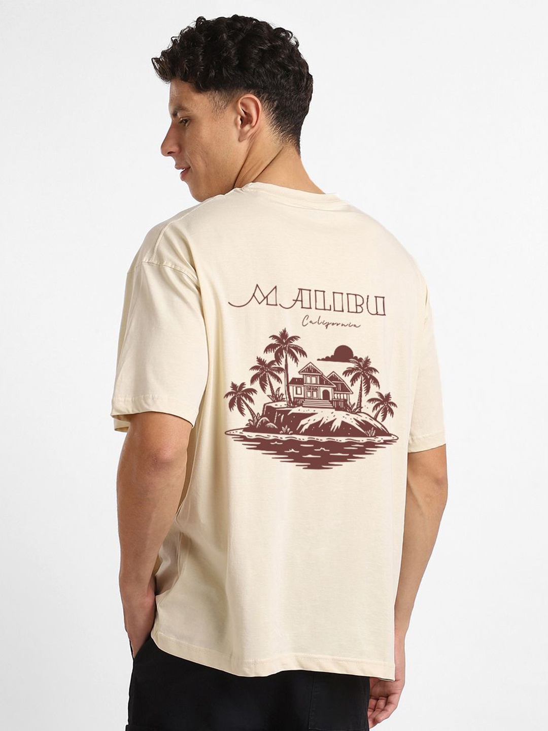 

NOBERO Men Oversized Graphic Printed Cotton T-shirt, Beige