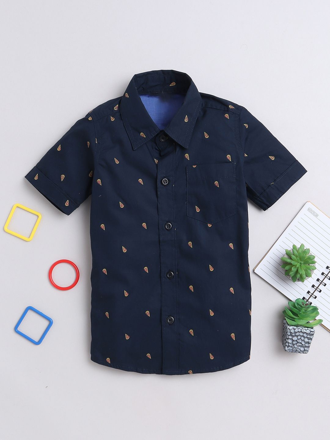 

BAESD Boys Standard Spread Collar Conversational Printed Cotton Semiformal Shirt, Navy blue