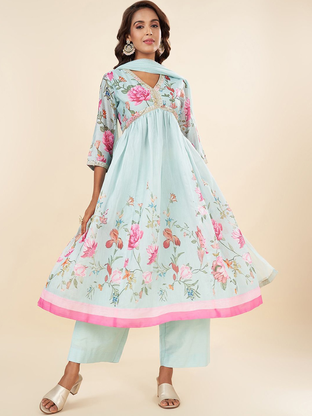 

RANGMANCH BY PANTALOONS Floral Printed Empire Anarkali Kurta With Trouser & Dupatta, Blue