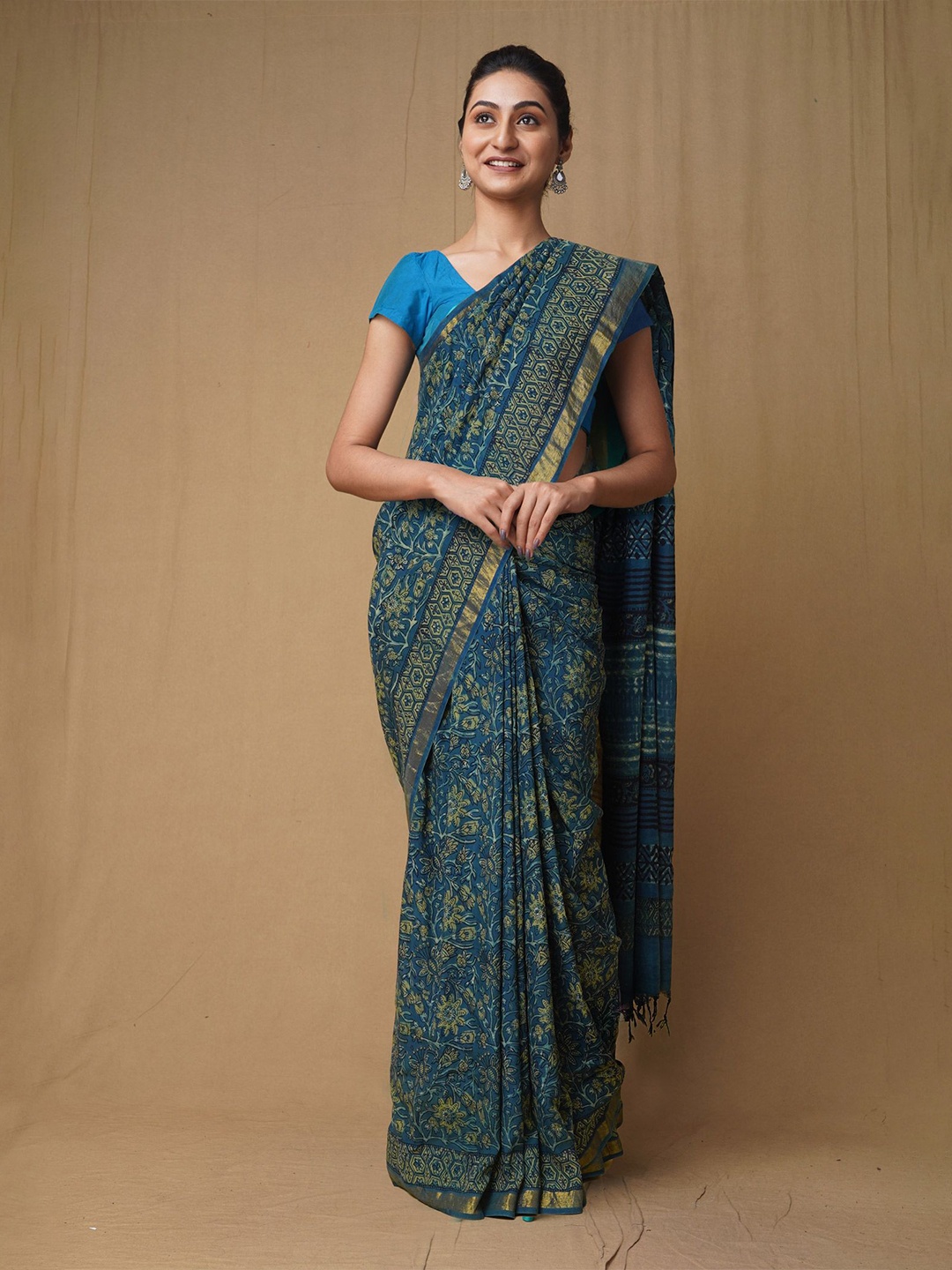 

Unnati Silks Ajrak Block Zari Art Silk Handloom Chanderi Blue Saree