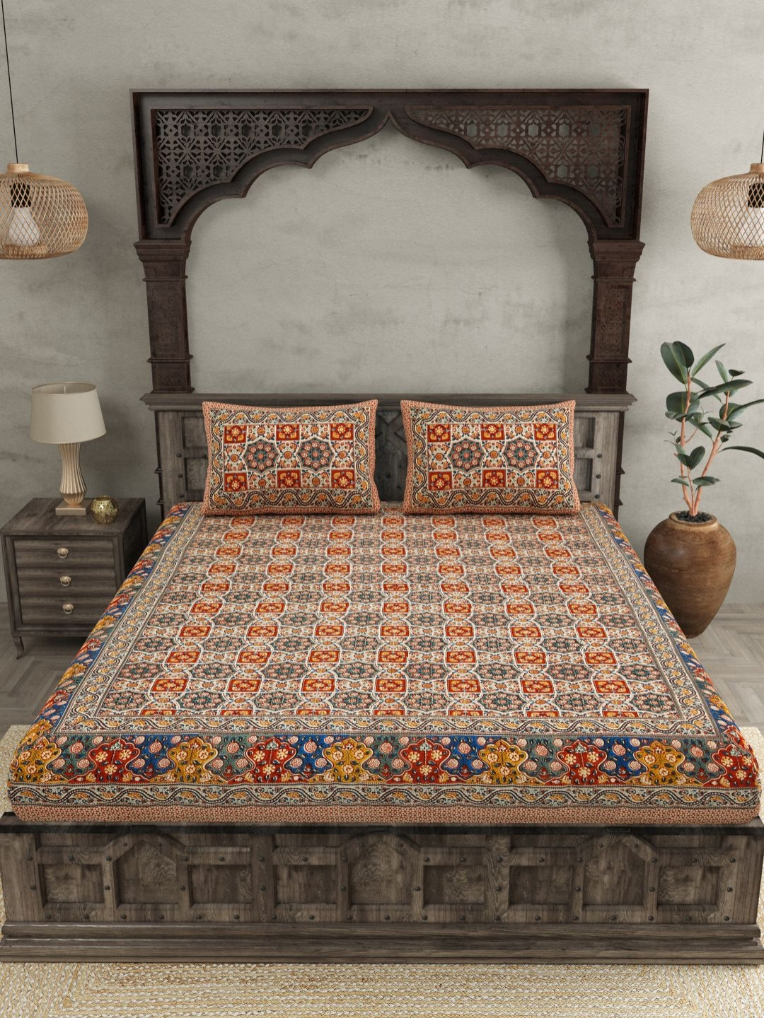 

JAIPUR FABRIC Orange Pure Cotton Ethnic Motifs 144 TC King Bedsheet with 2 Pillow Covers