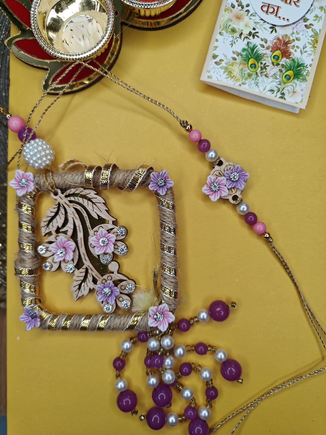 

NVR Stone Studed & Beaded Bhaiya Bhabhi Thread Rakhi With Roli Chawal, Pink