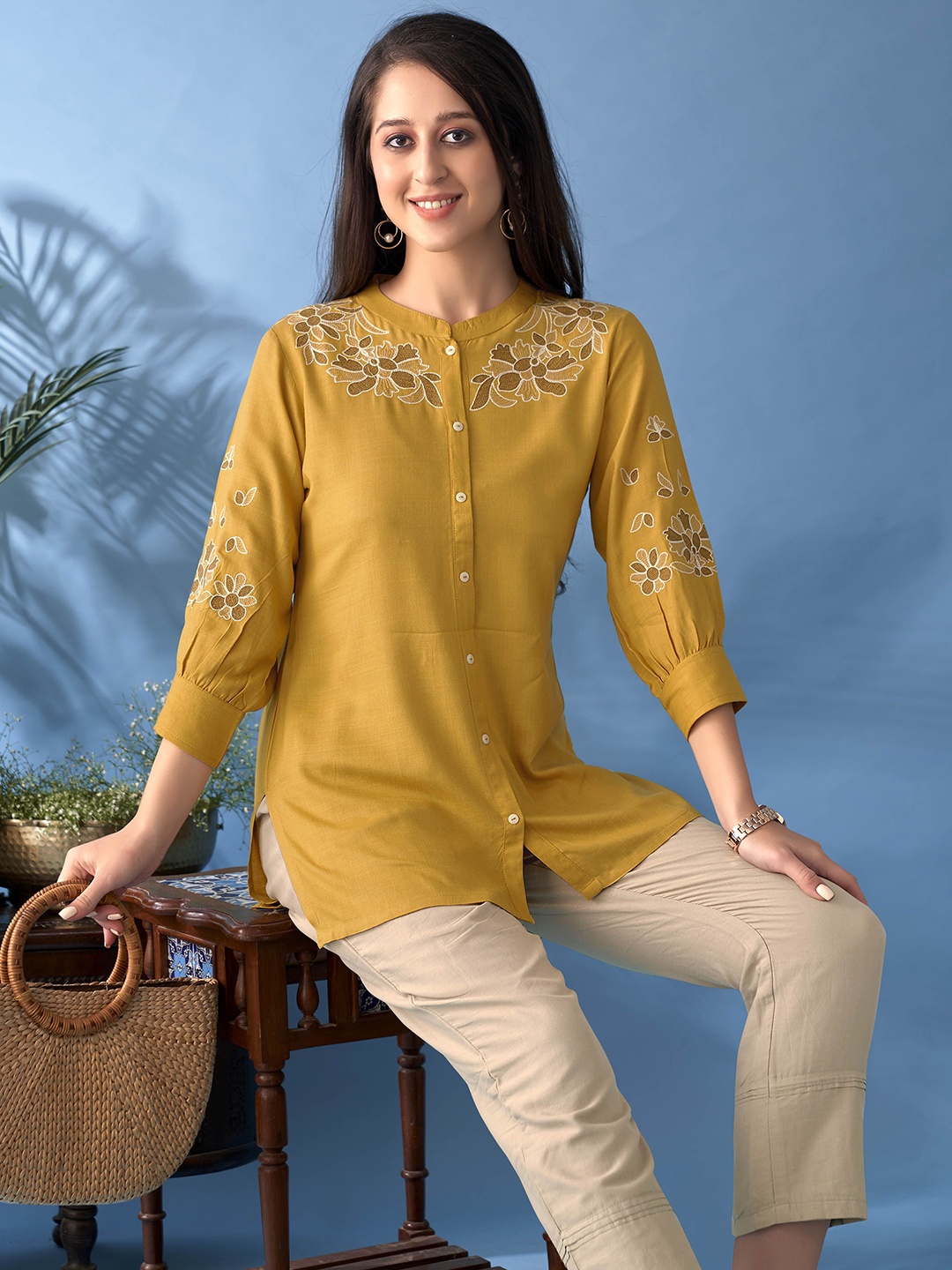 

Anouk Floral Embroidered Mandarin Collar A-Line Kurti, Mustard