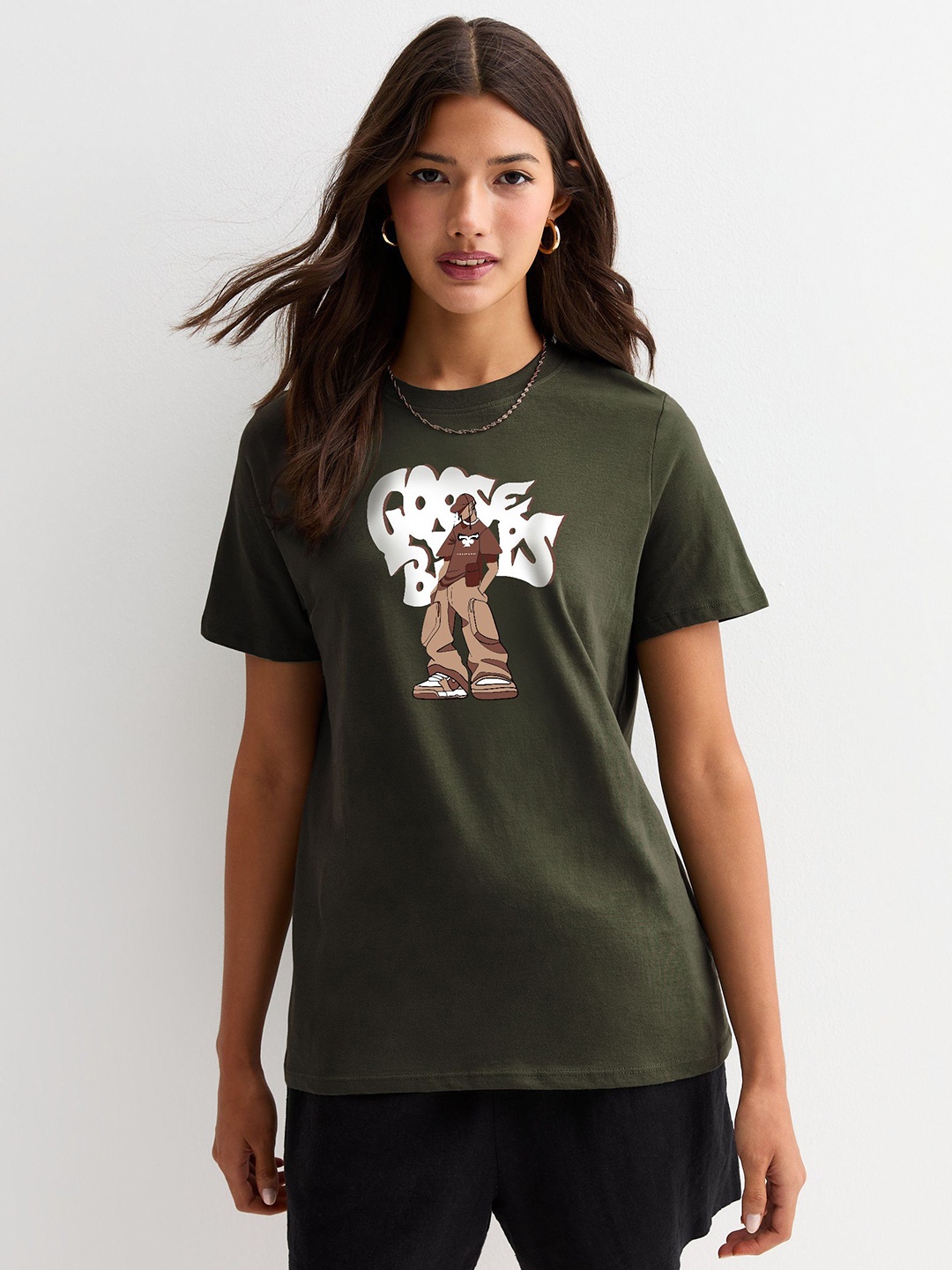 

MISCHIEF MONKEY Women Typography Printed Tropical Applique T-shirt, Olive