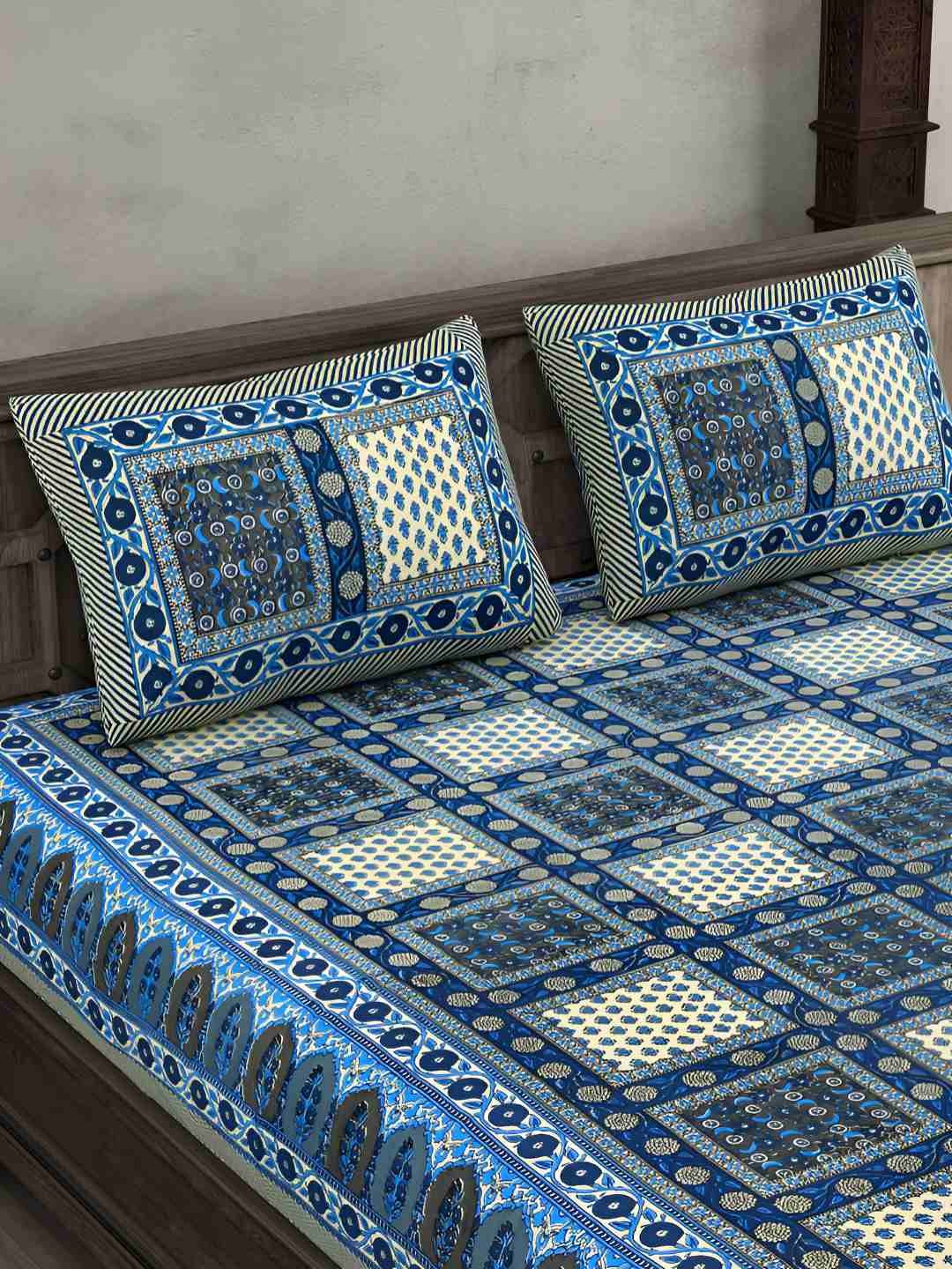 

BED-SHEET.COM Blue Pure Cotton Ethnic Motifs 144 TC King Bedsheet with 2 Pillow Covers