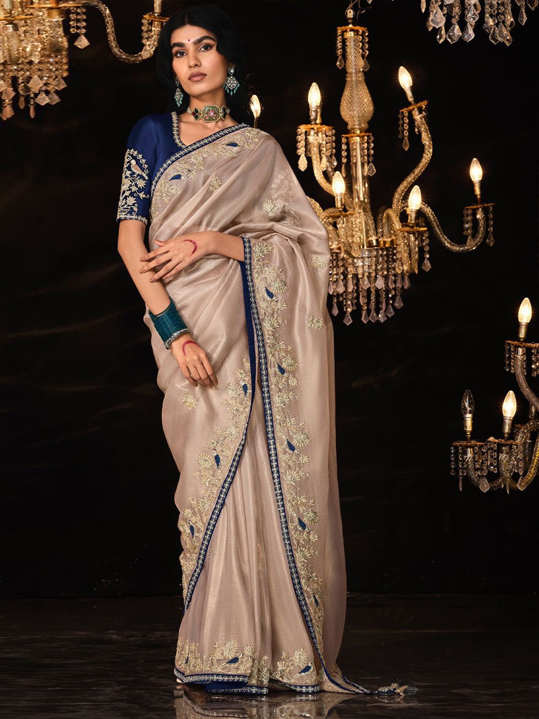 

MySilkLove Floral Embroidered Satin Saree, Cream