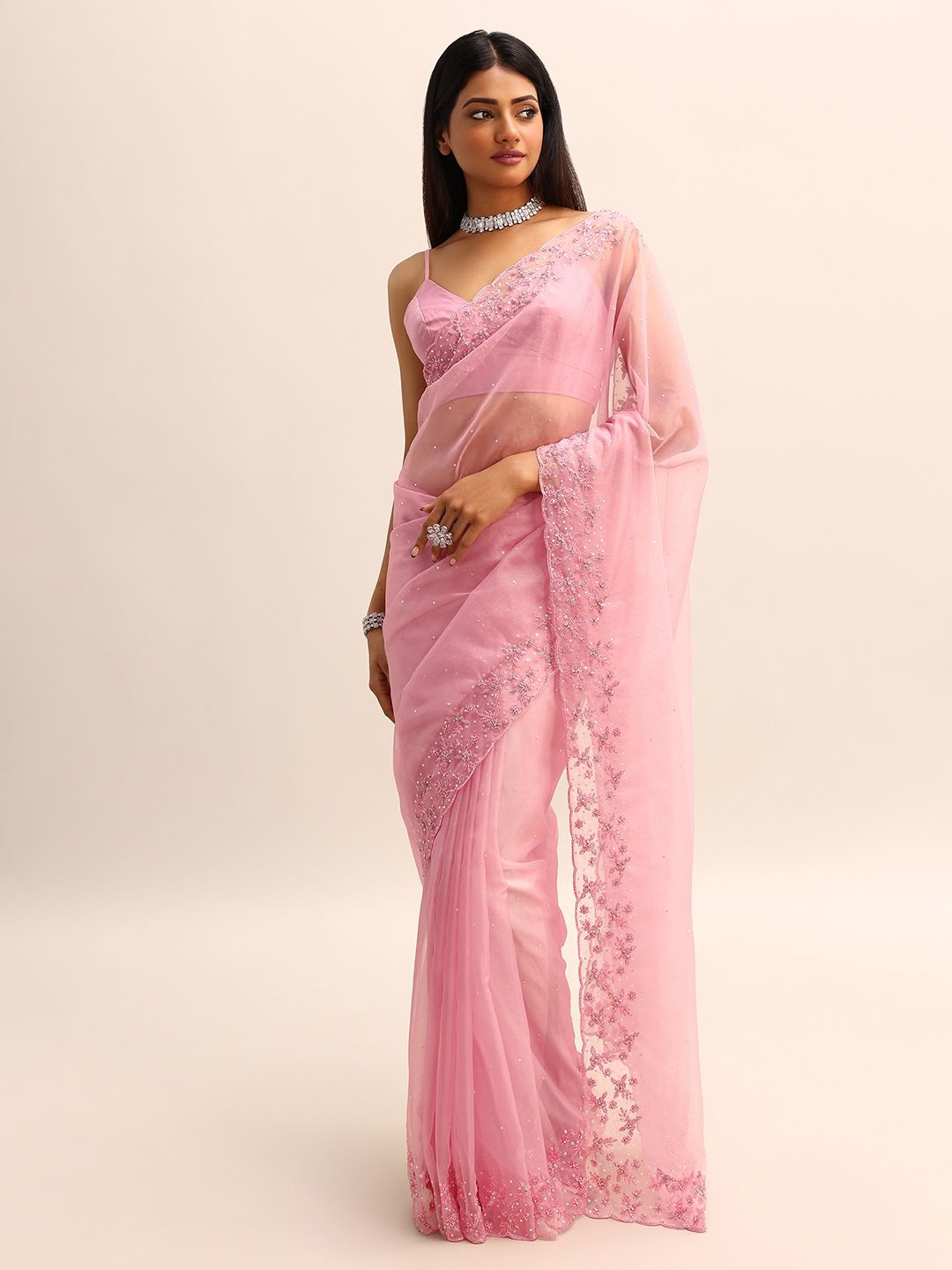 

KALKI Fashion Embellished Beads and Stones Organza Saree, Pink