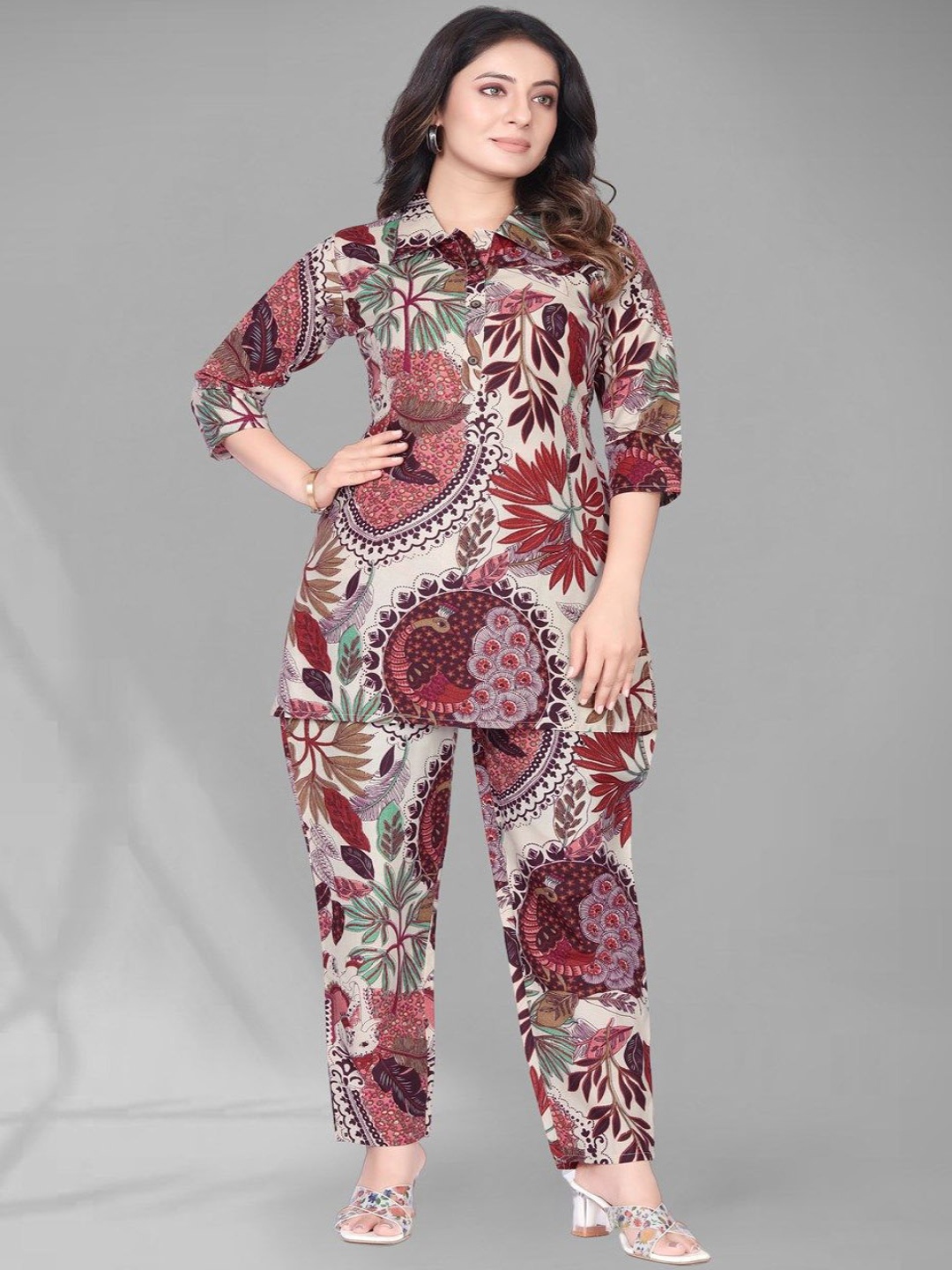 

KALINI Printed Cotton Tunic & Trouser Co-Ords, Maroon