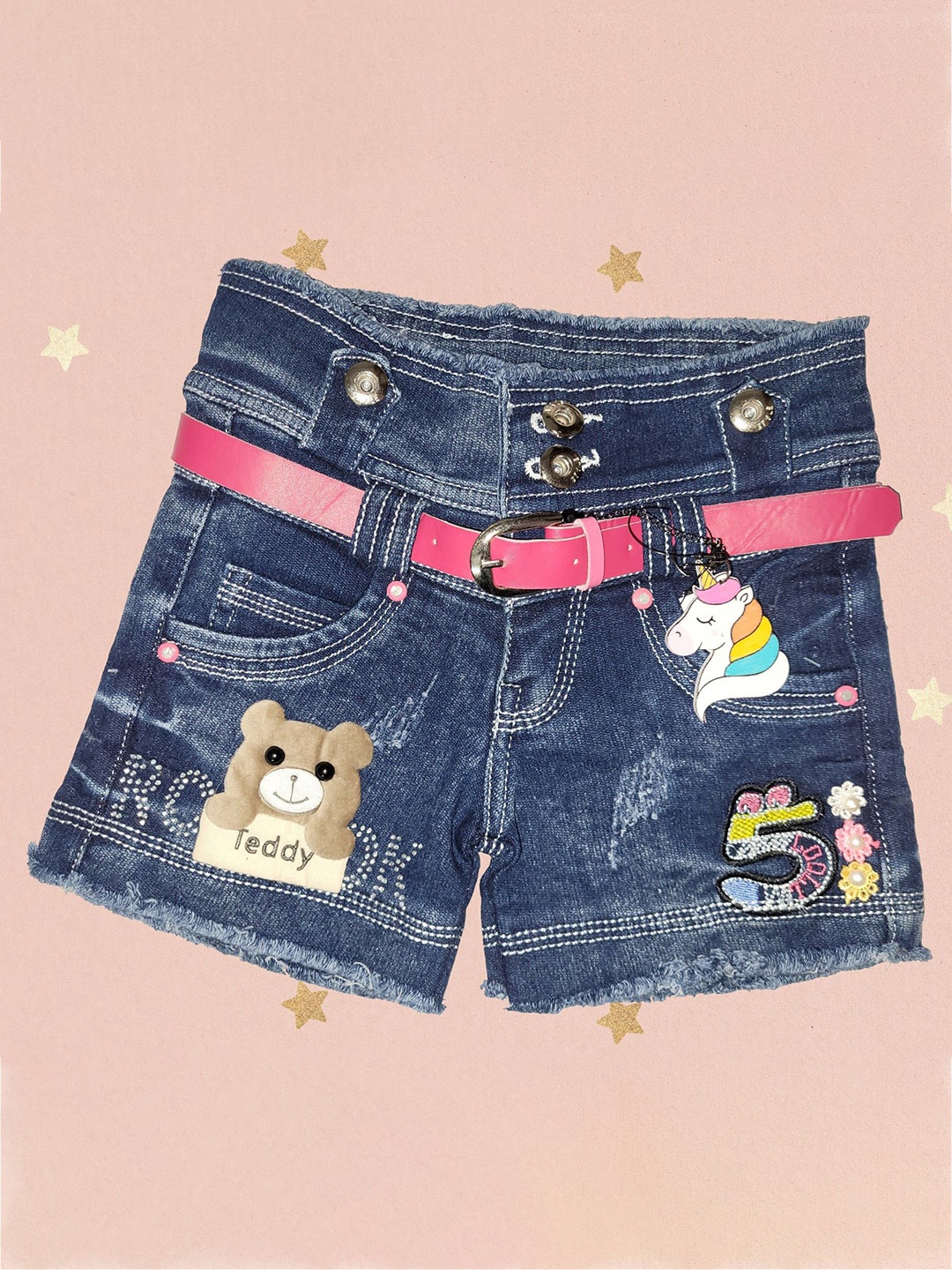 

Arshia Fashions Girls Printed Slim Fit High-Rise Denim Denim Shorts, Blue