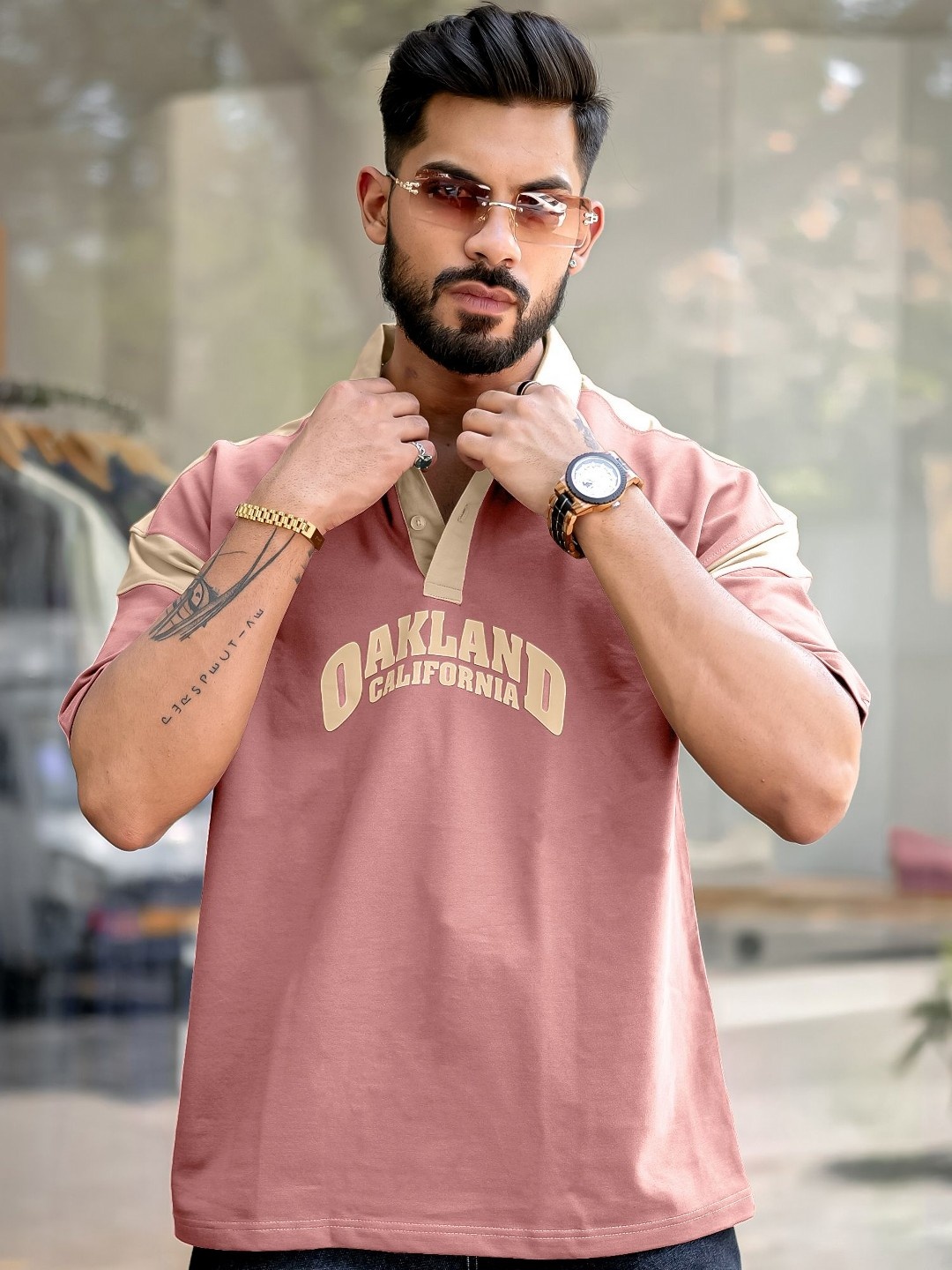 

Maniac Men Typography Printed Polo Collar Cotton Oversized T-Shirt, Nude