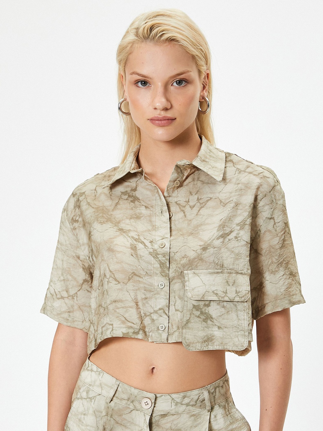 

Koton Women Spread Collar Abstract Printed Casual Shirt, Khaki