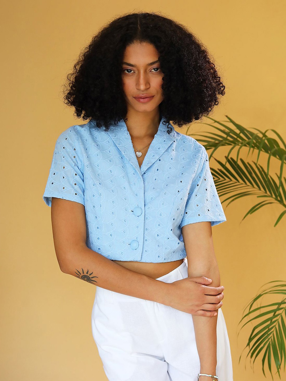 

DressBerry Women Self Design Schiffli Shirt Collar Cotton Top, Blue