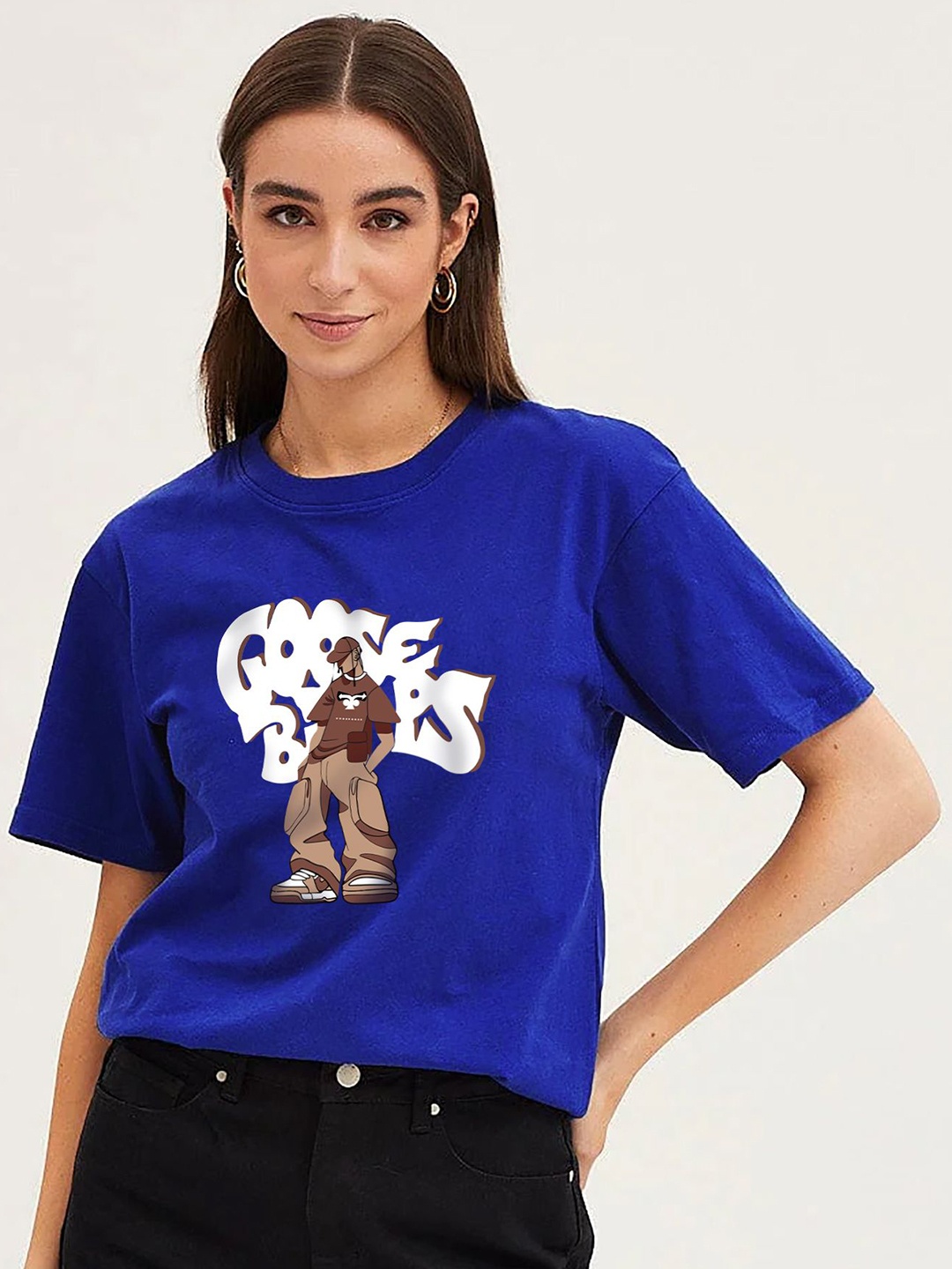 

MISCHIEF MONKEY Women Printed Extended Sleeves T-shirt, Blue