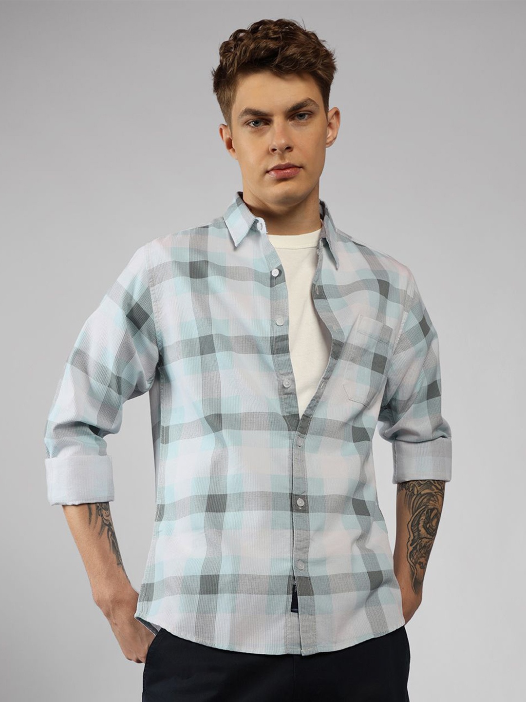 

Dennis Lingo Men Spread Collar Tartan Checked Cotton Casual Shirt, Blue