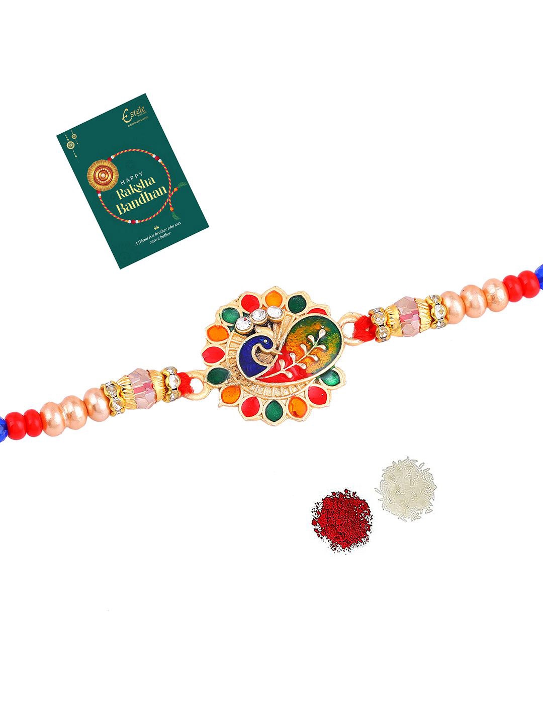 

Estele Peacock Design Stone Rakhi With Roli Chawal & Greeting Card, Gold