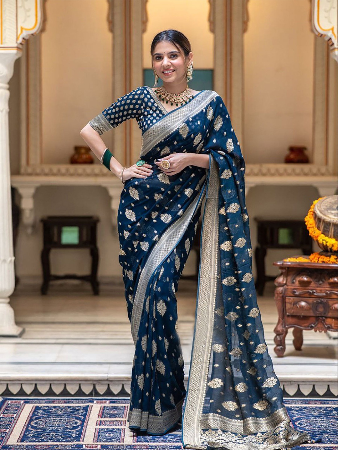 

Anjaneya Sarees Woven Design Zari Ethnic Motifs Banarasi Saree, Teal