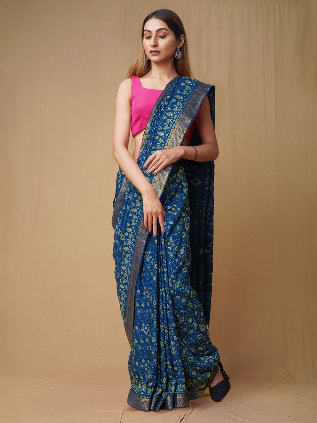 

Unnati Silks Ajrak Block Zari Art Silk Handloom Chanderi Saree, Blue