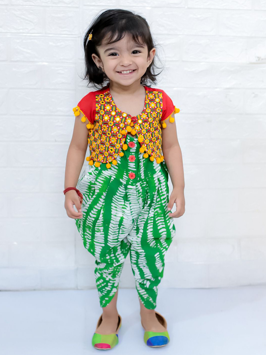 

Twisha Girls Printed Dhoti Style Jumpsuit & Shrug Set, Green